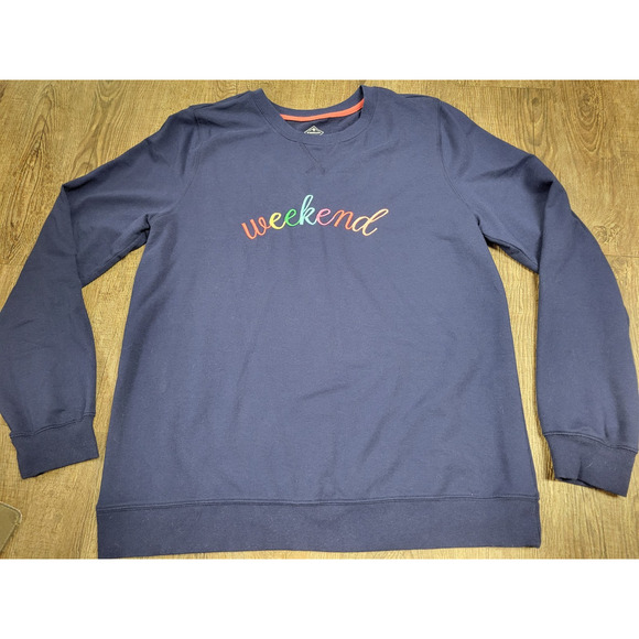 St Johns Bay Navy Crewneck WEEKEND Embroidered Thin Sweatshirt Classic Large - Picture 1 of 4